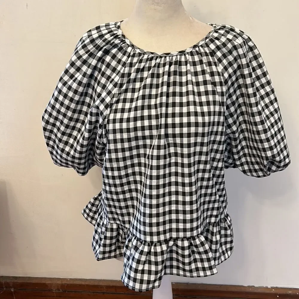 Topshop black white gingham puff sleeve cut out back blouse Size 8 NWOT - Picture 2 of 9